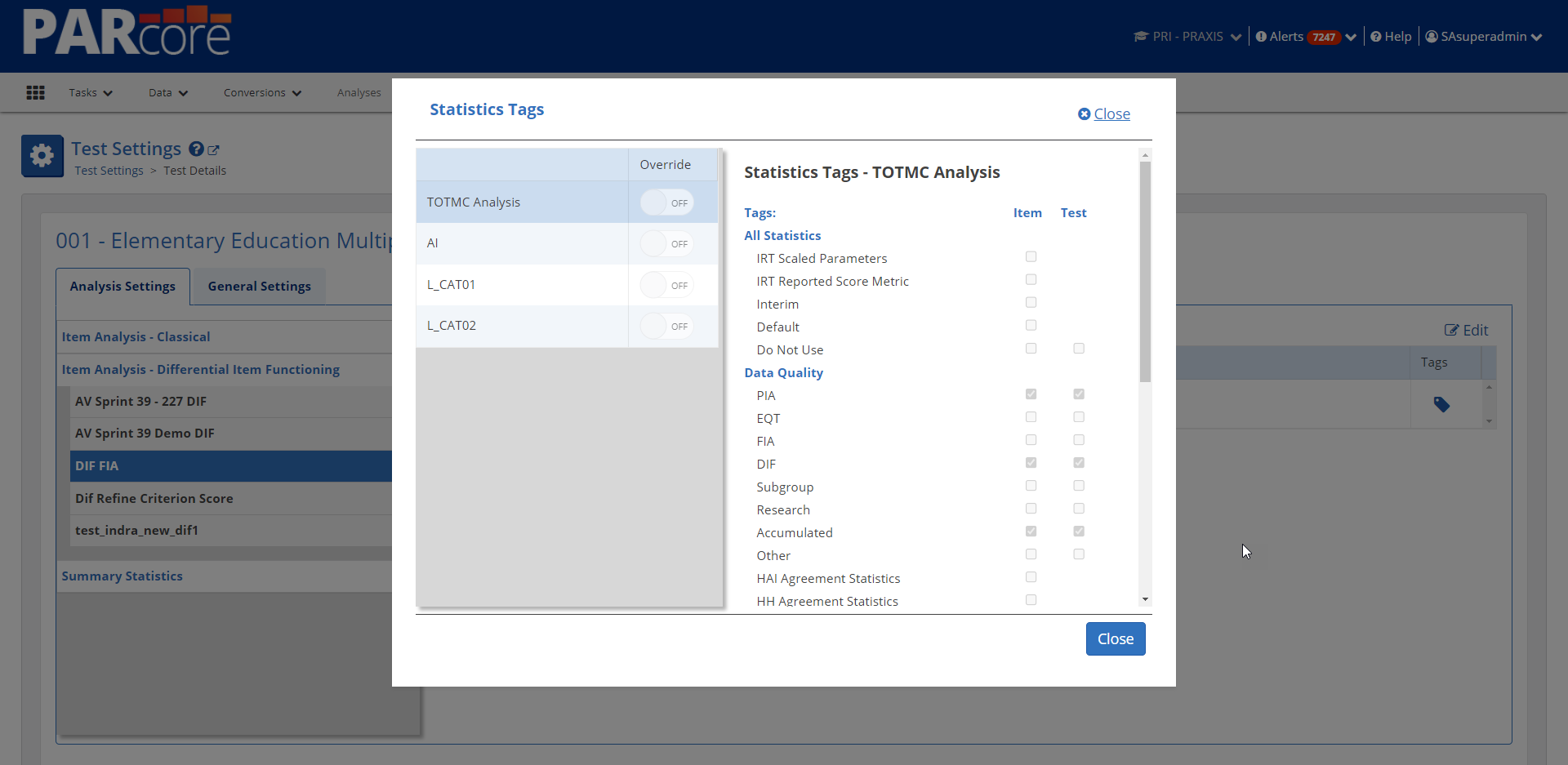 DIF Test Settings Tags View Mode